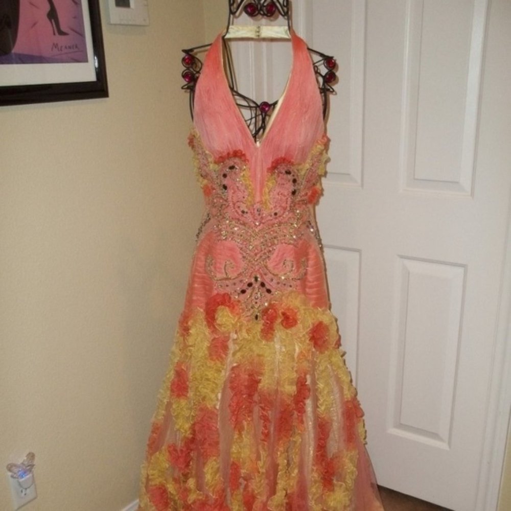 Must See!  Stunning Orange/Yellow Halter Embellished Formal Evening Gown…
